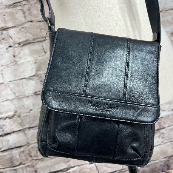 Gold Coral Black Leather Crossbody Organizer Hipster Bag 6x8x3 - Picture 2 of 10